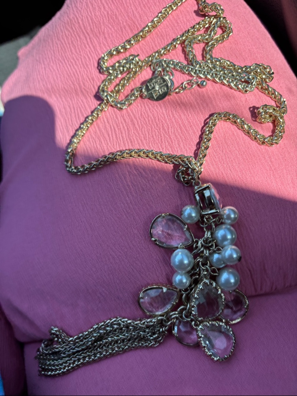 Gold-Tone Necklace with Pink Crystal Drops and Pearl Accents